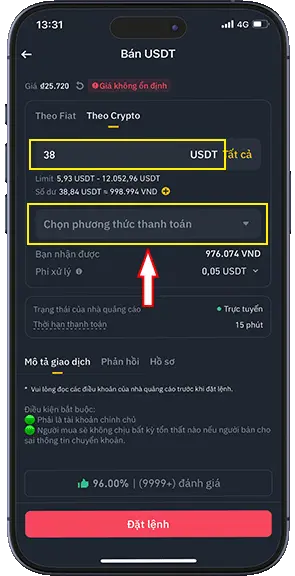 Bước 7: Nhập số lượng USDT cần bán, sau đó bấm vào phương thức thanh toán để tạo, nếu đã có phương thức thanh toán chuyển qua bước 11